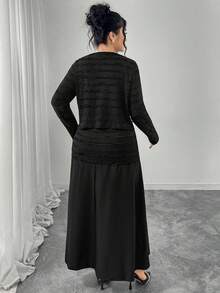 Modelyn 大码女式针织连衣裙，纽扣下摆拼接设计，优雅长袖荷叶边装饰两件套 - 黑色 - 查看 2