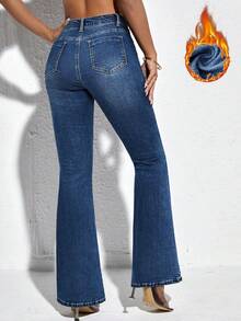 SHEIN PETITE 女式高腰口袋喇叭裤保暖内衬休闲牛仔裤 - 深色水洗藍 - 查看 2