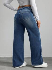 SHEIN CURVE+ Spring Plus Size Women Cowgirl Blue Non-Stretch Skinny Straight Leg Jeans, Spring - Medium Wash - View 2