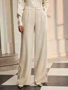 ZEYLAH 女士优雅直筒串珠裤，秋冬 - 杏色 - 查看 2