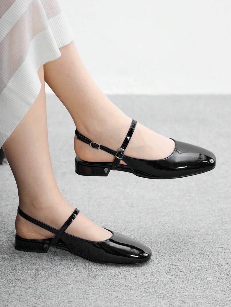 CUCCOO BIZCHIC Women's Square Toe Chunky Heel Flat Black Strap Comfortable Minimalist Commuter Flat Mary Jane Backless Slip-On Shoes, Versatile For Daily Wear And Work For Christmas Spring Shoes