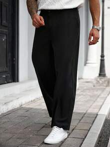 Manfinity CasualCool 大码男士纯色褶皱口袋宽松阔腿西装裤 - 黑色 - 查看 4