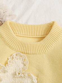 SHEIN Vintaside Kids 女婴针织毛衣套装，婴幼儿黄色长袖毛衣上衣 + 毛衣裤两件套，提花图案带荷叶边，适合秋冬季日常穿着、外出旅行 - 黃色 - 查看 3