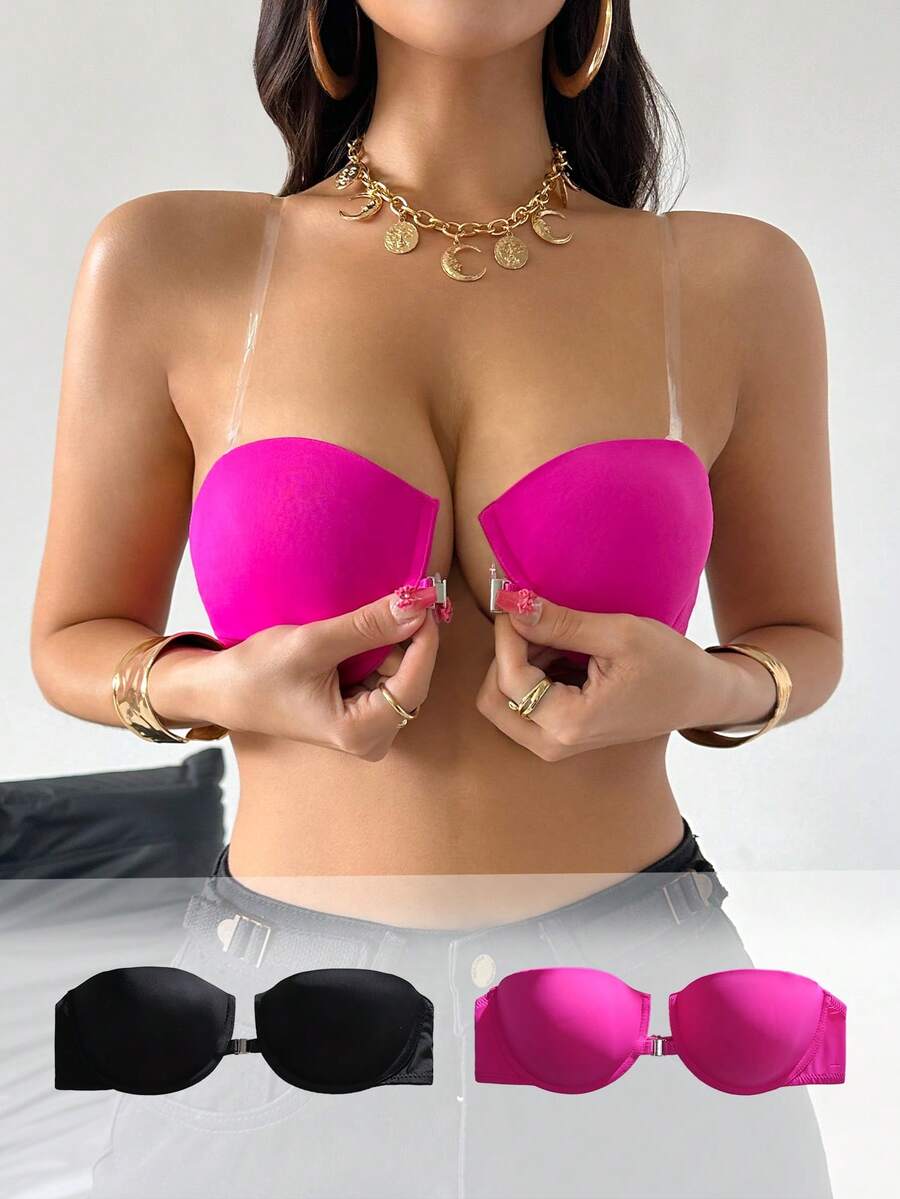 SuitURBody 2pcs Front Closure 1/2 Cup Strapless Bra, Magenta & Black, For Wedding, Party, Office Lady Invisible Bra - Multicolor - View 1