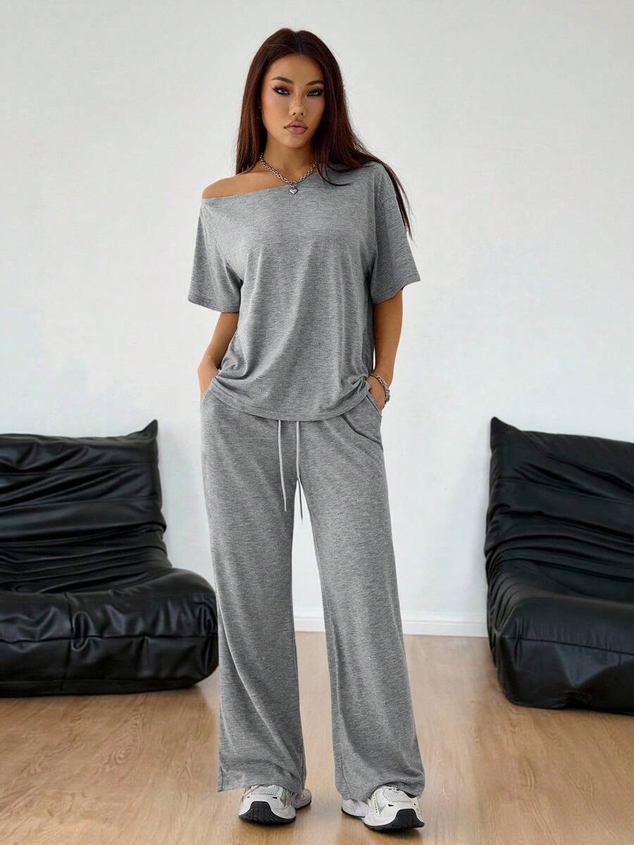 SHEIN PETITE 女款灰色夏季休閒日常兩件套,極簡街頭風露肩T恤與寬腿運動長褲套裝,基礎日常穿著衣物,適合嬌小女性 - 灰色 - 查看 1