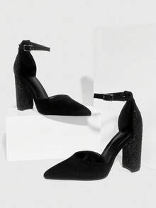 CUCCOO SZL Fashionable Pointed Toe Thick High Heel Black Glitter Ankle Strap Women's High Heel Pumps, Hollow Out Sexy Elegant Party Dress Shoes For Christmas