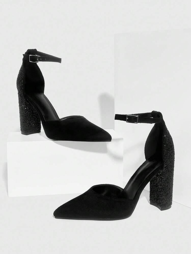 CUCCOO SZL Fashionable Pointed Toe Thick High Heel Black Glitter Ankle Strap Women's High Heel Pumps, Hollow Out Sexy Elegant Party Dress Shoes For Christmas Spring Shoes