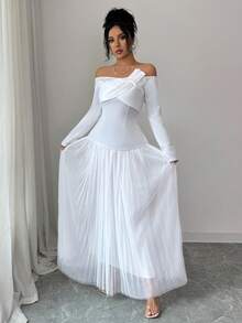 Modelyn French Design Off-Shoulder Top & Mesh Skirt 2-Piece Dress Set For Women