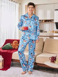 CoupledUp 男士可爱圣诞雪人雪花印花翻领缎面长袖上衣和裤子睡衣套装 情侣睡衣套装 秋冬服装 男士睡衣 - 藍色 - 查看 3