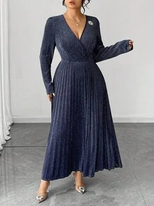 SHEIN Elenzya Plus Size Women's Elegant Glitter Knit V-Neck Puff Sleeve Rhinestone Decor Ruched Maxi Dress - Navy Blue - View 3