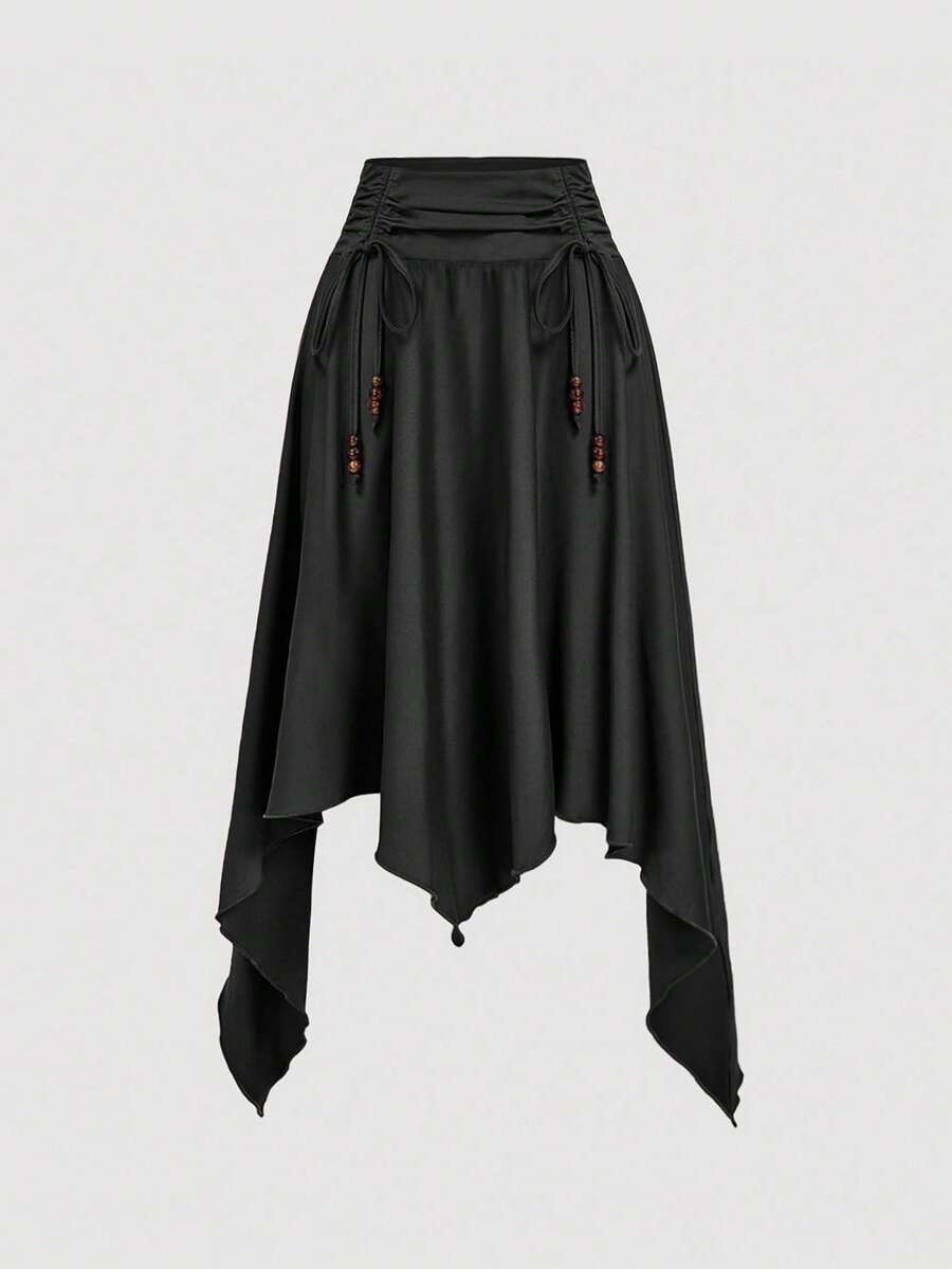SHEIN MOD 不对称下摆串珠装饰黑色半身裙 - 黑色 - 查看 1