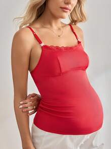 红色圣诞蕾丝拼接哺乳吊带背心，休闲舒适的孕期/产后女装