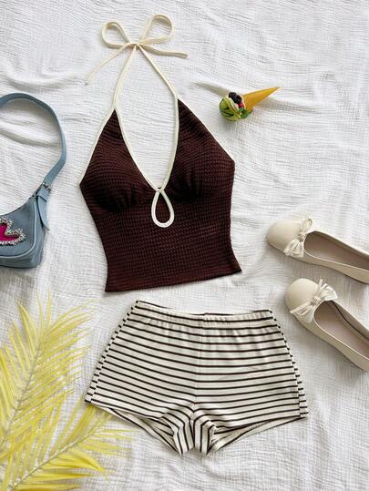 Soleia 2 件套女士度假休闲装 - 纹理针织 V 领细肩带上衣和短裤套装，适合派对、圣诞节、约会之夜、夜总会、波西米亚风、波西米亚风、度假、秋季