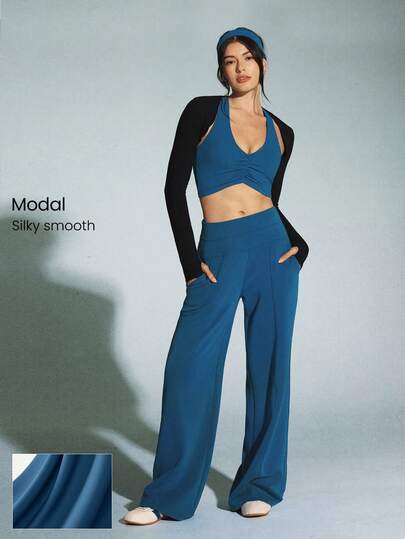 GLOWMODE Modal Silk Touch Wide Leg High Waist Lounge Pants With Side Pockets Daily Casual Fall