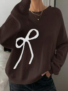 DAZY Cream-White Bow Knitted Sweater For Women, Loose Vintage Style, Autumn/Winter - Brown - View 5