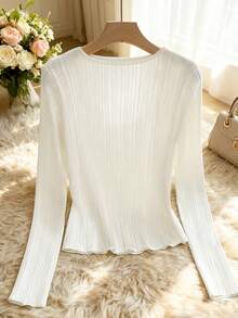 Franclia Women's White Rhinestone Decor Round Neck Long Sleeve Fitted Solid Knit Pullover Sweater,Elegant Autumn Tea Party Casual Business Office Attire - White - View 2