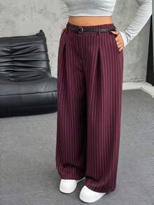 SHEIN EZwear Plus Size Solid Color Button Closure Casual Wide Leg Pants With Belt In Fall/Winter - Burgundy - View 1