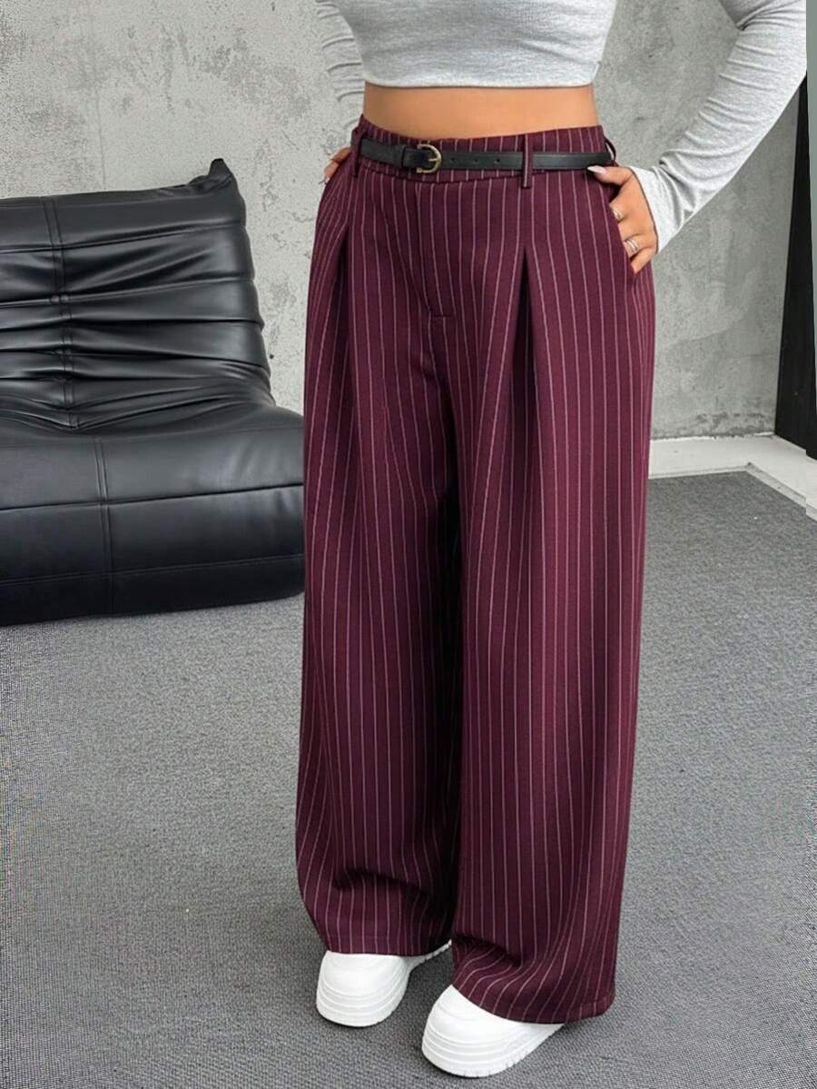 SHEIN EZwear Plus Size Solid Color Button Closure Casual Wide Leg Pants With Belt In Fall/Winter - Burgundy - View 1