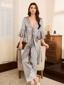 成熟法式优雅性感缎面蕾丝女士睡衣套装 - 淺灰色 - 查看 5