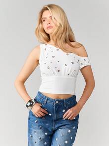 MISSGUIDED Trägerloses Crop Top mit Ösen und Metallösen, Sommer Festival Bluse - Weiss - Übersicht 5