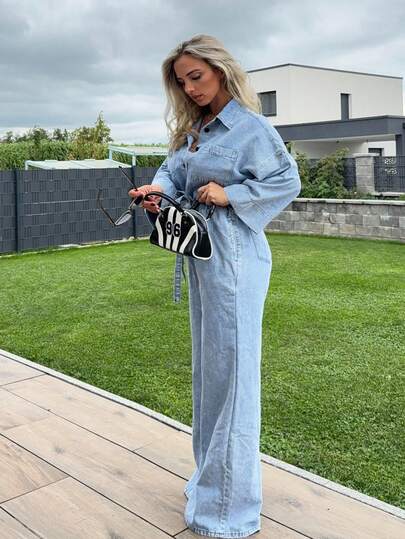 Jeta Ari Women's Casual Lightweight Denim Jumpsuit With Drawstring Waist, 3/4 Sleeve, Suitable For Urban Casual Wear, Office Outfit For Women, Autumn, Fall Women Clothes