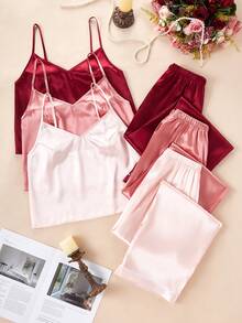 SHEIN 6pcs Solid Color Faux Silk Camisole & Pants Set - Multicolor - View 3