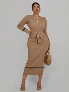 Lineaform Women's Elegant Fitted Metal Button Front Long Sweater Dress - Khaki - View 6
