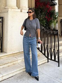 女士灰色 3D 花卉针织纽扣前短袖开衫 - 灰色 - 查看 3