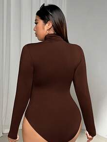 SHEIN EZwear 大码女式巧克力棕色高领长袖休闲T恤紧身衣 - 巧克力棕 - 查看 2