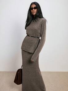 ATUI Studio 女士休闲日常通勤简约纯色落肩宽松腰带毛衣和鱼尾下摆毛衣裙两件套，秋冬 - 摩卡棕 - 查看 5