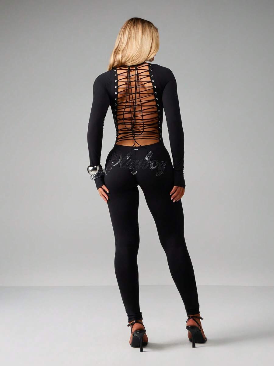 Missguided x Playboy Tuta con maniche lunghe, allacciatura, decorata con strass, per feste, club, eventi serali, senza schiena, aderente, elegante, lunghezza intera