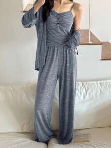 DAZY 三件套柔软针织睡袍，吊带上衣和裤子家居服套装，秋冬服装 - 藍色 - 查看 3