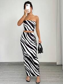 SHEIN SXY 2pcs Women Summer Fashionable Zebra Print Tube Top And Bodycon Skirt Set - Black and White - View 9