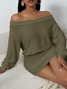 SHEIN SXY Women's Solid Color Off-Shoulder Dropped Shoulder Long Sleeve Ruched Fitted Mini Dress Ribbed Dress Off The Shoulder Long Sleeve Off Shoulder Dress Comfortable Dress Olive Dress Comfortable Two Piece Set One Piece Dress