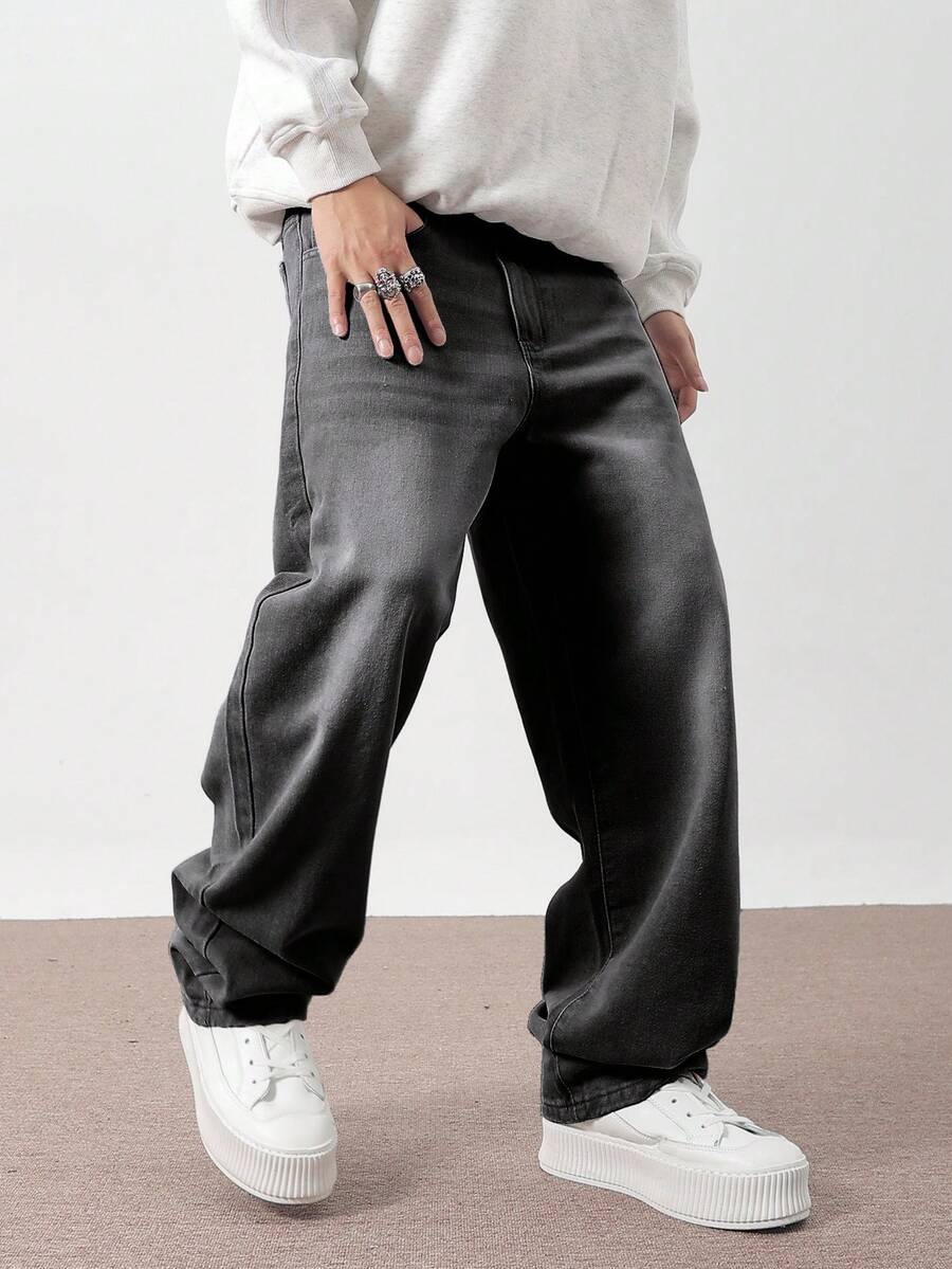 Claim Dot 宽松男士直筒斜口袋休闲牛仔裤 - 深灰色 - 查看 1