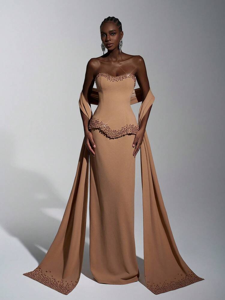 two piece maxi dress formal Elitara Elegant Khaki Tube Top Fake Two-Piece Long Dinner Dress,Handmade Pearl Decoration Movable Floating Back Slit Gown For Wedding & Parties formal two piece dress