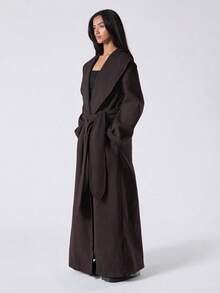 LYSMO Áo khoác dài tay màu nâu cà phê cho nữ thu đông, dáng rộng thoải mái, túi thắt lưng, thanh lịch, thoải mái, áo khoác len màu BBQ - Cà phê nâu - Xem 4