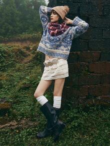 Bohemela Áo khoác ngoài Boho Thu/Đông, Áo len cổ cao dệt kim Fair Isle màu xanh và trắng cổ điển dành cho nữ, Phong cách đồng quê miền Tây, Thích hợp mặc đi nghỉ & mặc hàng ngày & trở lại trường, Halloween, Giáng sinh, Thu dành cho nữ - Xanh và trắng - Xem 7