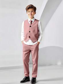 SHEIN 2 件青少年男孩绅士风格服装：无袖背心夹克和长裤，优雅正式礼服，适合生日派对、活动、婚礼、周年纪念、洗礼、毕业典礼