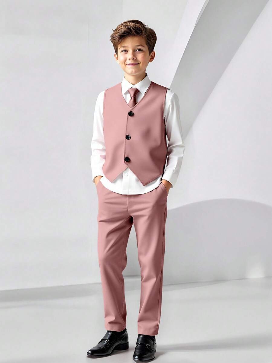 SHEIN 2 件青少年男孩绅士风格服装：无袖背心夹克和长裤，优雅正式礼服，适合生日派对、活动、婚礼、周年纪念、洗礼、毕业典礼