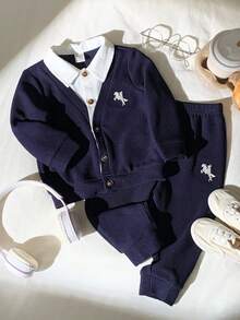SHEIN 2 件套男婴可爱休闲拼色长袖运动衫和慢跑裤运动服套装，适合生日派对、狂欢派对、晚会、表演、婚礼、迎婴派对、1 岁生日庆祝、圣诞派对 - 彩色 - 查看 1