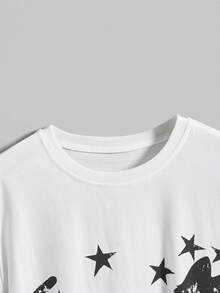 ROMWE Avant Women's Black Cat & Star Graphic Minimalist T-Shirt, Fashionable Casual Everyday Wear - White - View 3