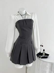 Elamini 女士商务休闲撞色拼布褶皱长袖衬衫裙，时尚秋季服装