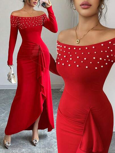 Rafferiza 女式露肩串珠长袖前开叉后短长褶边下摆修身长裙，秋冬