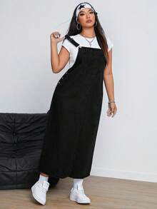 SHEIN CURVE+ 大码女式牛仔风格黑色无弹力休闲时尚背带连衣裙，女士冬季连衣裙 - 黑色 - 查看 5