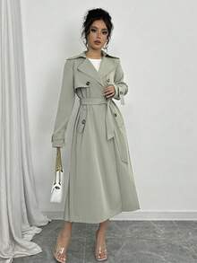 Selianne Women's Solid Front Button Pocket Simple Casual Trench Coat Fall Winter Cloth For Women - Green - View 4