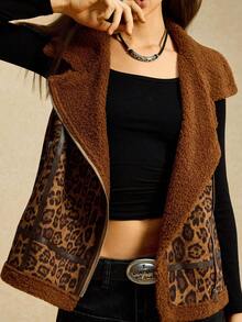 Easelle Chaqueta sin mangas con cremallera y forro térmico con estampado de leopardo, ropa de otoño e invierno para mujeres - Multicolor - Ver 9
