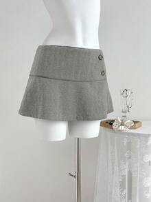 Elamini 复古风格低腰女式纽扣设计休闲迷你裙 - 淺灰色 - 查看 6