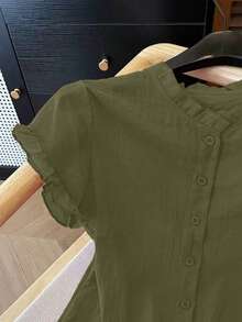 Áo sơ mi nữ tay ngắn màu trơn thường ngày - Màu xanh lá cây đậm - Xem 3