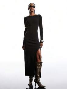 LYSMO 女式秋冬简约纯色不对称肩部开衩毛衣裙 - 黑色 - 查看 5